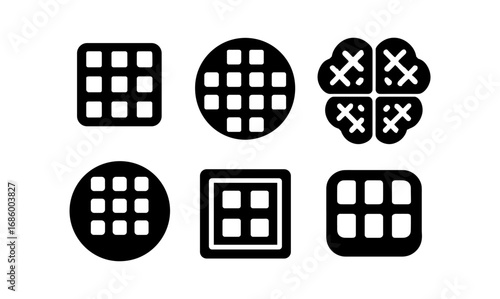 Black icons of waffles: classic and creative shapes in bold design