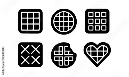Black waffle icons: square, round, heart shapes in bold silhouette style