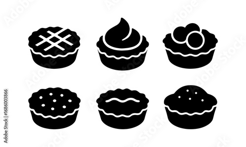 Delicious pie icons set: variety of silhouette dessert designs
