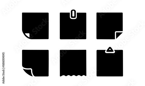 Minimalist black paper icons set with clips and folds for office design