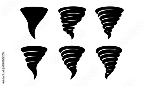 Silhouette tornado icons: collection of abstract black spiral designs