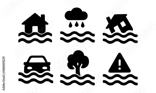 Flood and weather warning icons: flooded houses, cars, and danger signs