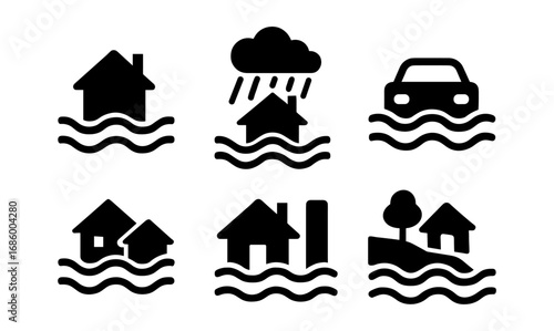 Flood icon set: black silhouettes of houses and cars in water risk situations