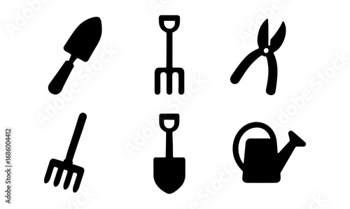 Silhouette garden tool icons featuring spade, rake, shears, watering can