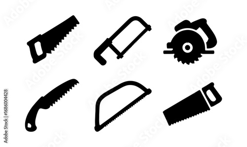 Silhouette collection of various hand saws on white background