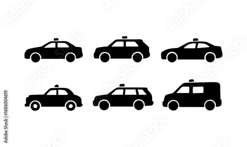 Silhouette set of taxi and car icons in various styles
