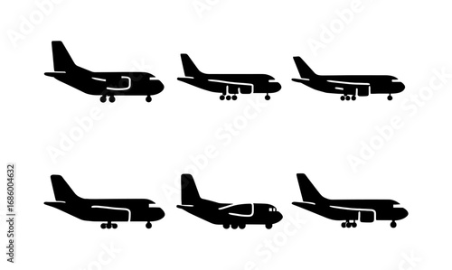 Silhouette airplanes set: diverse jet and aircraft designs in black