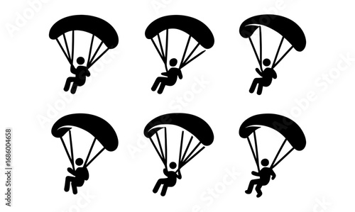 Silhouette icons of skydivers parachuting in various poses