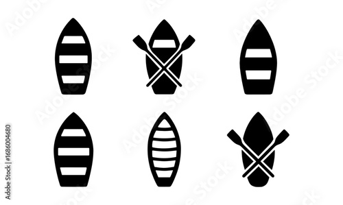 Simple boat silhouettes and paddle icons in black and white design set