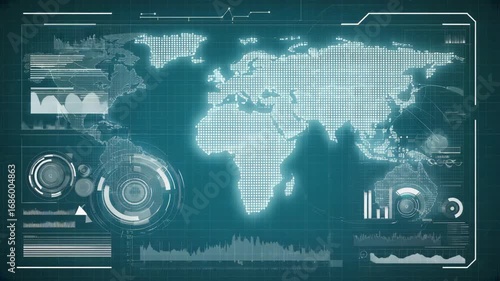 High-tech world map interface with data charts, grids, and futuristic HUD elements, symbolizing global communication, digital analytics, virtual intelligence, cybersecurity, modern information systems