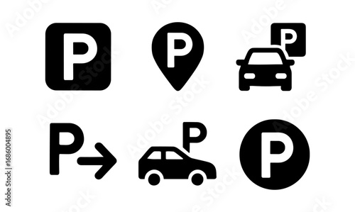 Set of parking symbols with cars and directional sign in silhouette style