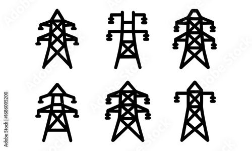 Set of black power line tower icons in flat style for energy and infrastructure design