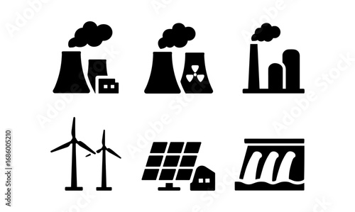 Energy source icons: nuclear, wind, solar, hydroelectric in bold silhouettes