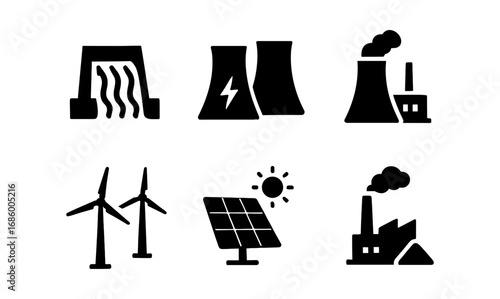 Energy icons set featuring solar, wind, nuclear, and industrial power plants