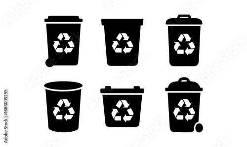 Recycling bin silhouette set with eco symbols for waste management