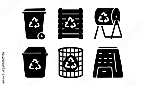 Recycling bin icons: diverse black silhouette collection for eco-friendly living