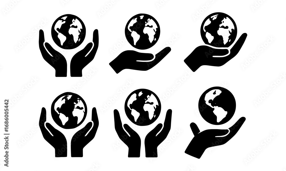 Planet in hands icons: six black and white earth silhouette designs Planet in hands icons: six black and white earth silhouette designs