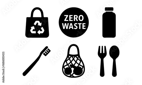 Minimalist zero waste icons: eco-friendly lifestyle and recycling symbols