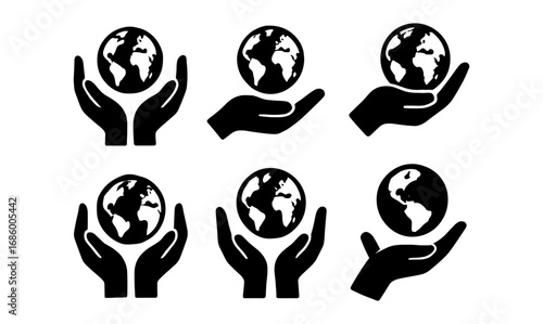 Planet in hands icons: six black and white earth silhouette designs