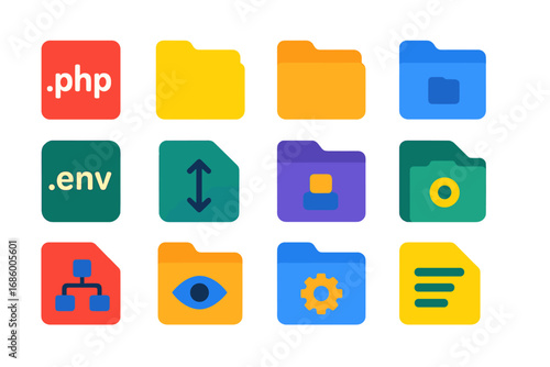 PHP Structure Icons. Flat vector icons of PHP Project Structure: index.php file, config folder, includes folder, public directory,