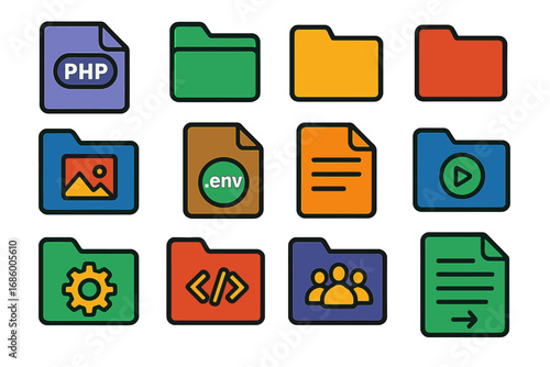 PHP Structure Icons. Flat vector icons of PHP Project Structure: index.php file, config folder, includes folder, public directory,