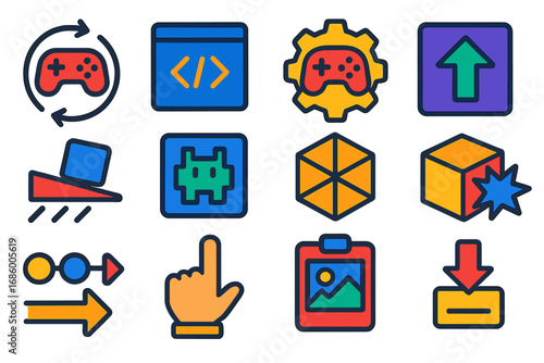 Game Development Icons. Flat vector icons of C++ for game development: game loop icon, entity class, game engine gear, frame