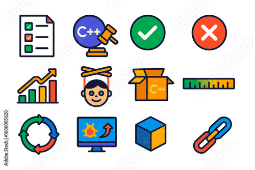 C++ Testing Icons. Flat vector icons of C++ unit testing: test case sheet, assert icon, test passed checkmark, test failed cross,