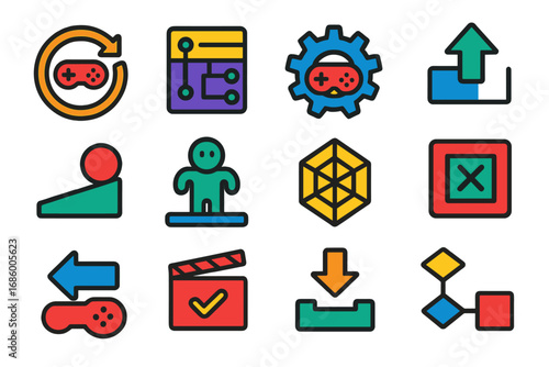 Game Development Icons. Flat vector icons of C++ for game development: game loop icon, entity class, game engine gear, frame