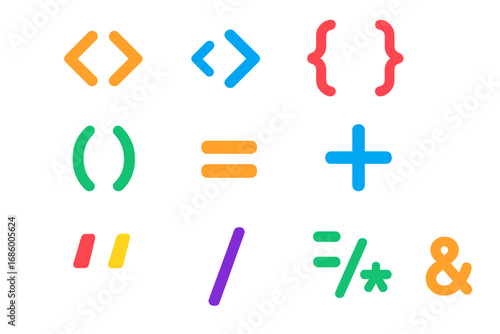 PHP Syntax Icons. Flat vector icons of PHP Syntax Elements: opening tag, closing tag, curly brackets, parentheses, variable