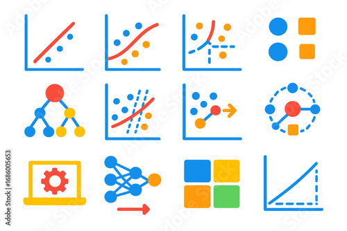 Machine Learning Icons. Flat vector icons of supervised learning: regression line, classification boundary, labeled samples,