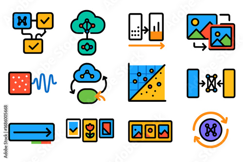 Colorful AI Model Icons. Flat vector icons of generative AI models: GAN model, VAE icon, diffusion model, style transfer, noise