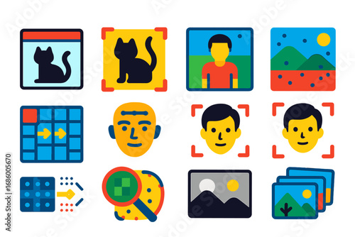 Modern ML Icon Set. Flat vector icons of ML for image processing: image classification, object detection, semantic segmentation,