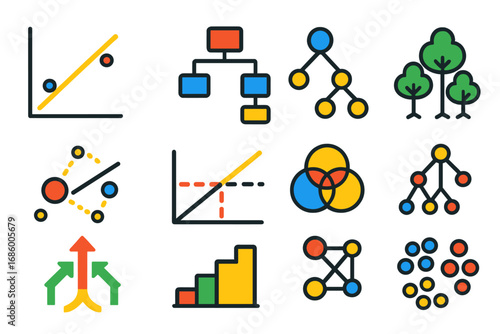 Colorful Algorithm Icons. Flat vector icons of machine learning algorithms: linear regression, logistic regression, decision tree,