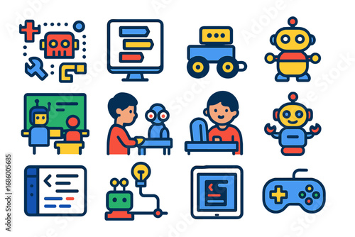 Educational Robot Icons. Flat vector icons of educational robots: DIY robot kit, block-based coding, programmable rover, beginner