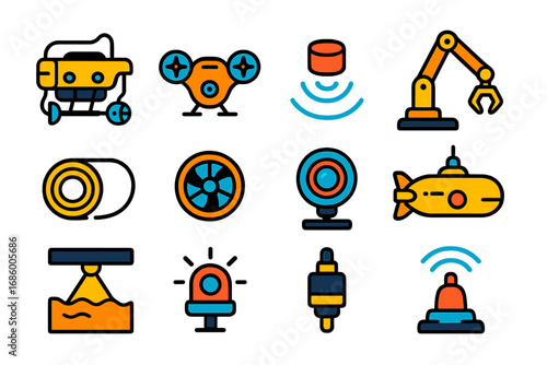 Underwater Robot Icons. Flat vector icons of underwater robots: ROV (remotely operated vehicle), underwater drone, sonar sensor,