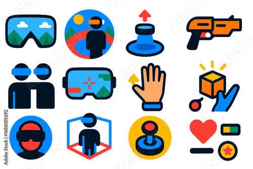 VR Gaming Icons. Flat vector icons of VR gaming: first-person view, immersive world, teleport movement, virtual weapon,