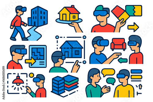 Virtual Architecture Icons. Flat vector icons of VR in architecture and design: building walkthrough, 3D model viewer, material