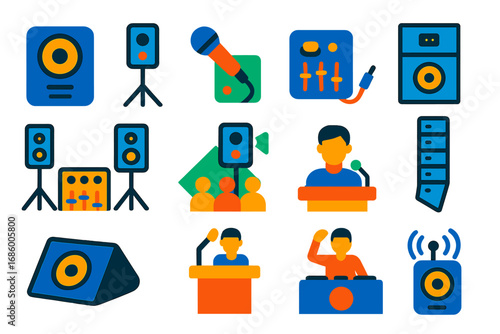 Event Speaker Icons. Flat vector icons of PA and event speakers: portable PA speaker, tripod speaker stand, microphone input icon,
