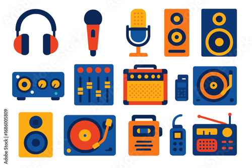 Bright Audio Icons. Flat vector icons of audio equipment: headphones, microphones, speakers, audio interface, mixing console,