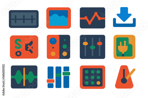 Modern Audio Icons. Flat vector icons of digital audio workstation tools: track timeline, clip region, automation line, audio