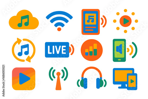 Stream Audio Icons. Flat vector icons of audio streaming and cloud audio: cloud music icon, wireless stream wave, online playlist