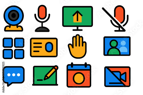 Colorful Video Conferencing Icons. Flat vector icons of video conferencing tools: webcam icon, conference microphone, screen share