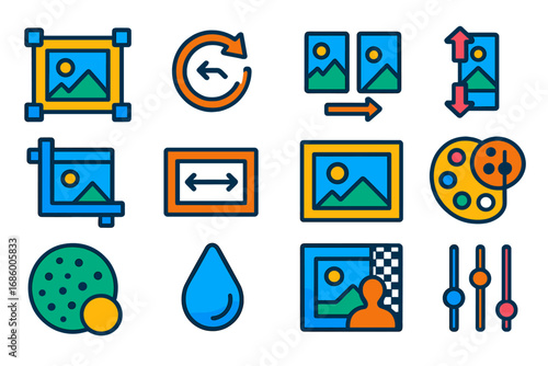 Image Editing Icons. Flat vector icons of image editing actions: image resize, rotate icon, flip horizontal, flip vertical,