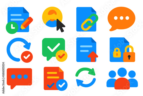 Collaborative Editing Icons. Flat vector icons of collaborative editing tools: real-time editing icon, user cursor icon, shared