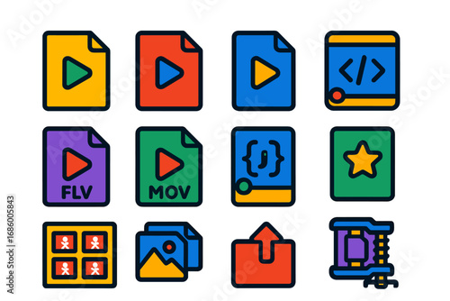 Colorful Animation File Icons. Flat vector icons of animation file formats: GIF icon, MP4 icon, MOV file, SVG animation, FLV icon,