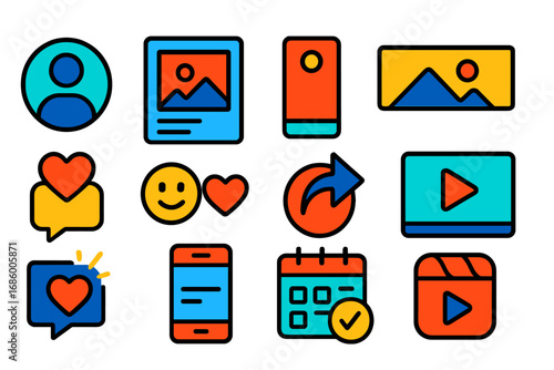 Vibrant Social Media Icons. Flat vector icons of social media graphics: profile picture icon, post layout, story template, banner