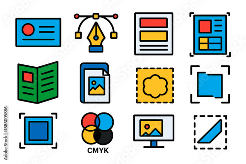 Vibrant Print Design Icons. Flat vector icons of vector print design: business card layout, logo vector, flyer design, poster grid