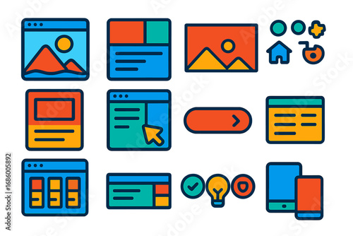 Modern Flat Icons. Flat vector icons of vector web graphics: hero image icon, website section, banner vector, blog thumbnail,