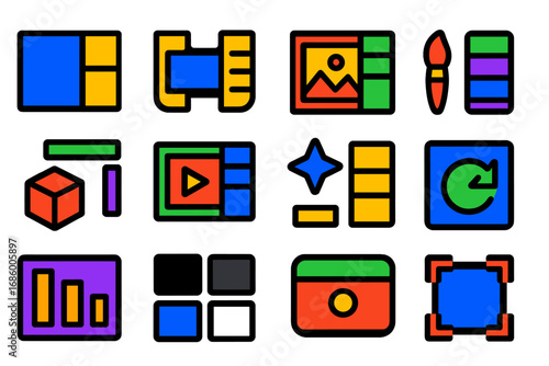 Photoshop Workspace Icons. Flat vector icons of Photoshop workspace elements: default workspace, essentials workspace, photography
