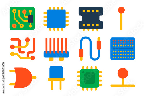 Modern Circuit Icons. Flat vector icons of electronic circuit boards: PCB board, surface-mount chip, IC socket, solder point,